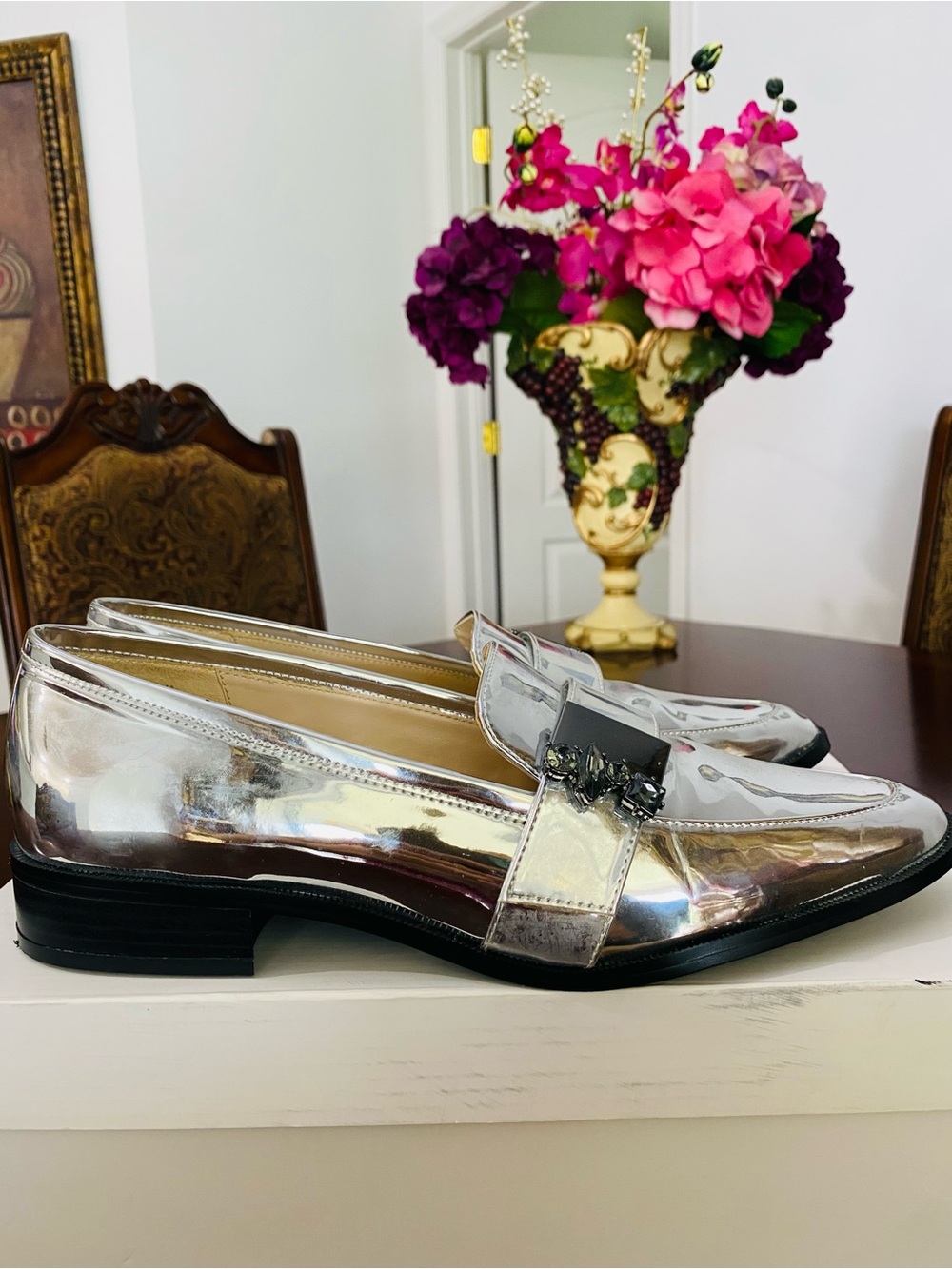 Calvin Klein Silver Metallic Women's Loafers with Embellished Buckle